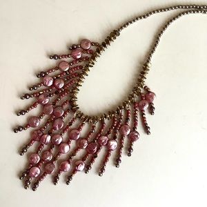 Beaded waterfall bib pink pearl handmade necklace
